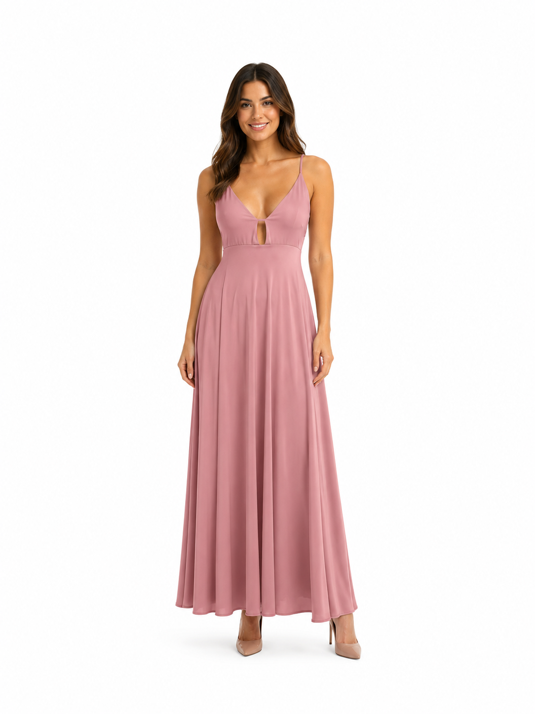 Arriendo de vestido largo rosa espalda cruzada lycra