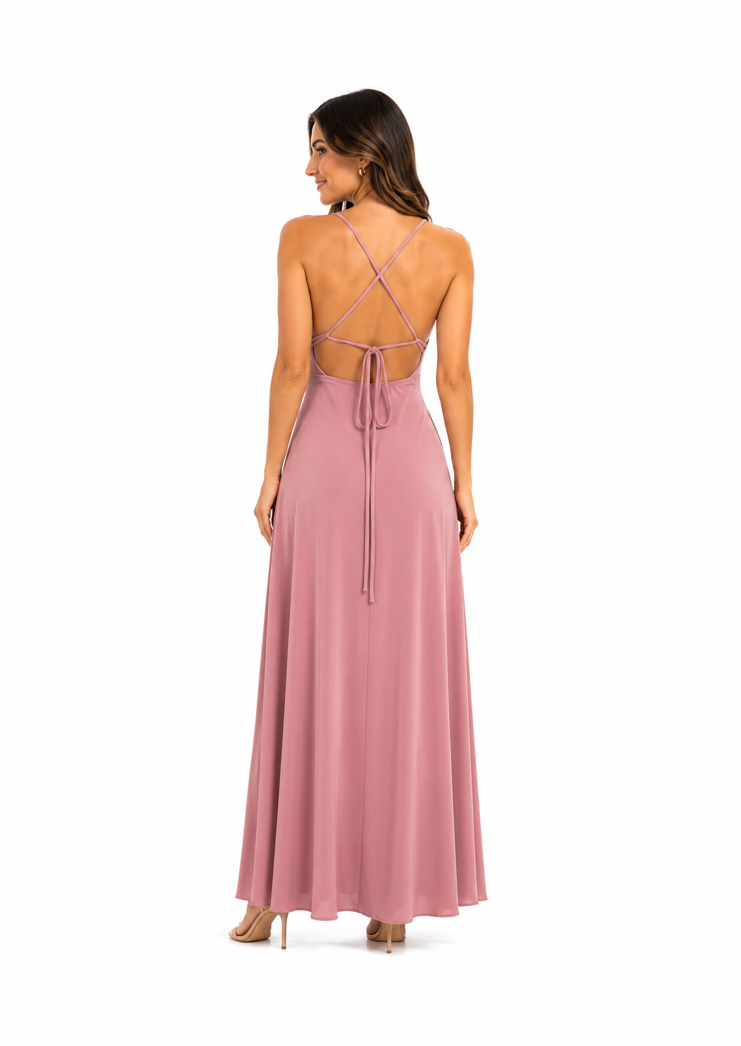 Arriendo de vestido largo rosa espalda cruzada lycra