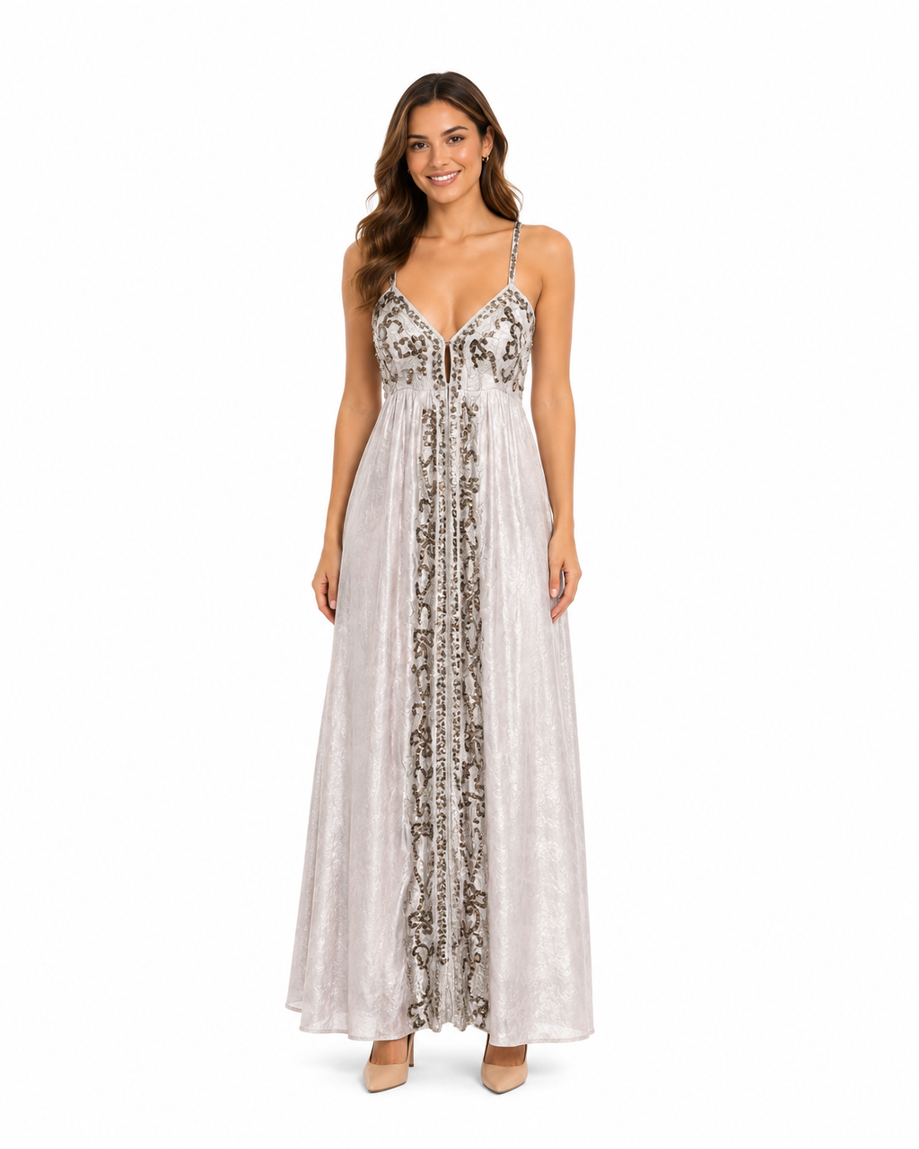 Arriendo de vestido largo india chic celeste con lentejuelas