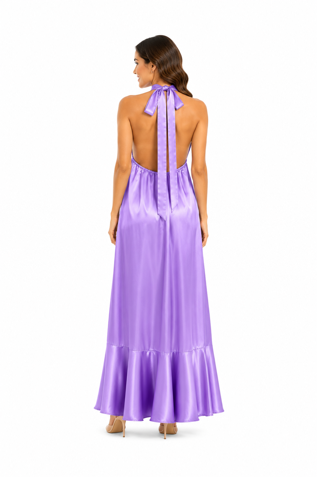 Arriendo de vestido lila satin largo coleccion Chic Dress Project espalda descubierta