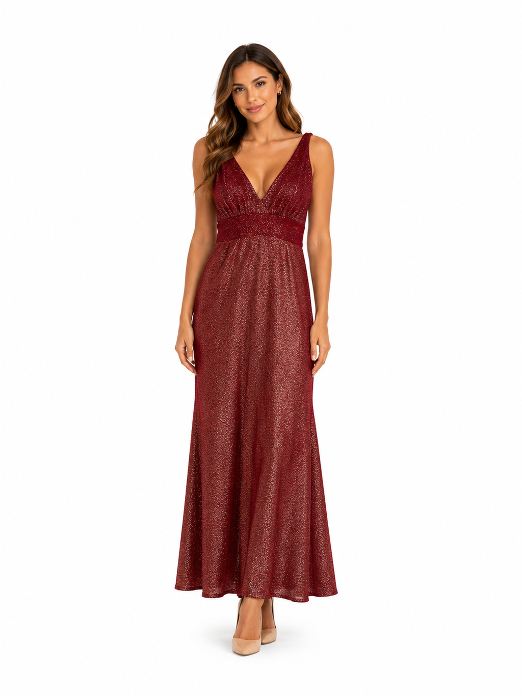 Arriendo de vestido largo burdeo con brillos escote en V asirenado