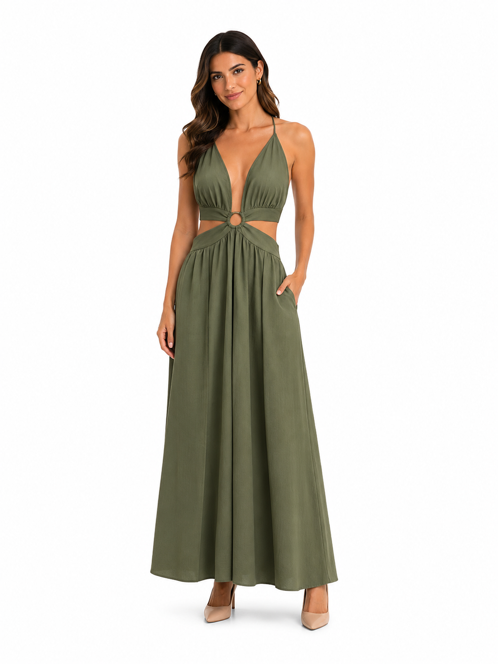 Arriendo de vestido largo verde militar con hebilla y cut out