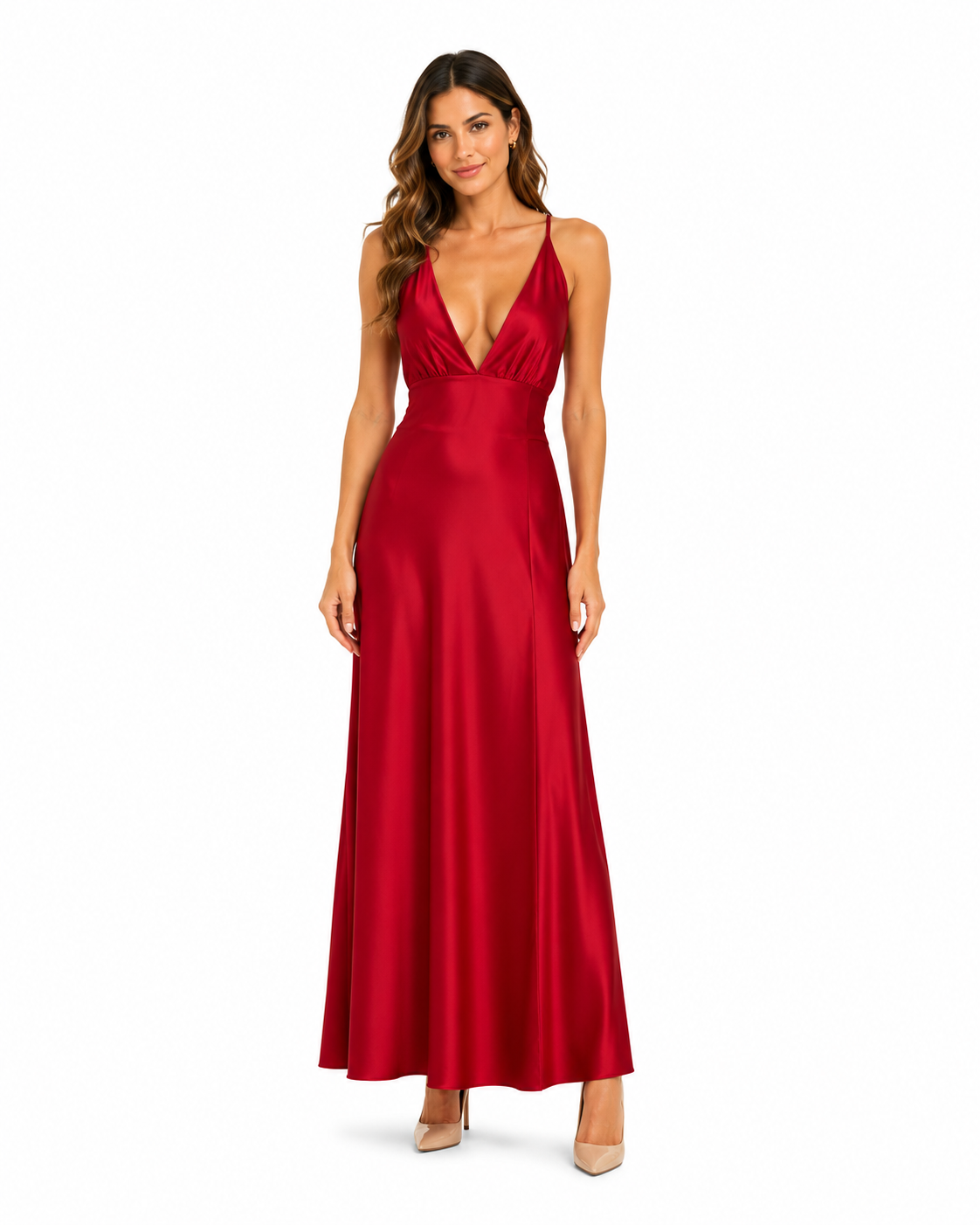 Arriendo de vestido largo rojo con tira fucsia de lycra