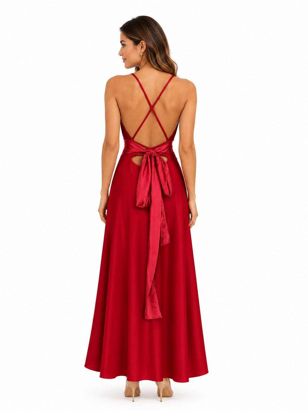 Arriendo de vestido largo rojo con tira fucsia de lycra
