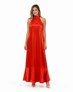 Arriendo de vestido largo rojo cuello halter amarre en cuello colección CDP