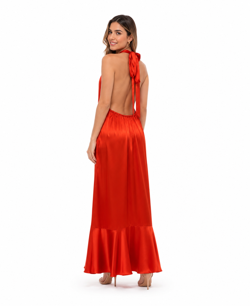 Arriendo de vestido largo rojo cuello halter amarre en cuello colección CDP