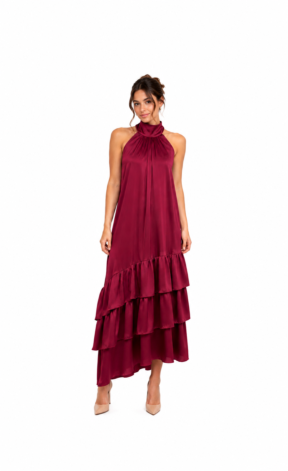 Arriendo de vestido largo halter burdeo con flecos