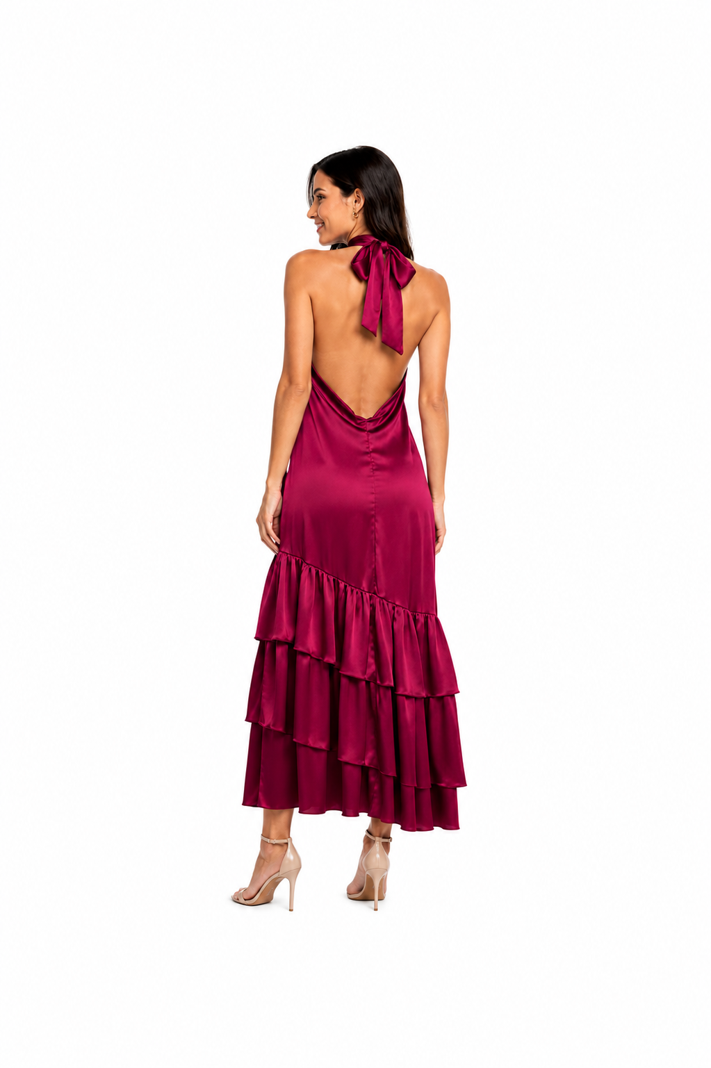 Arriendo de vestido largo halter burdeo con flecos
