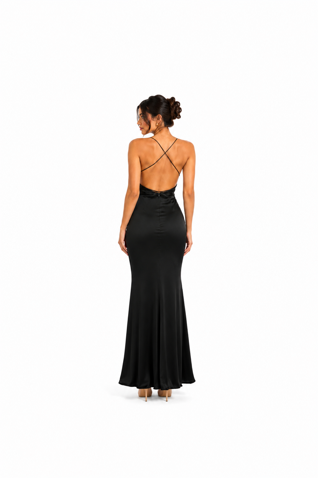 Arriendo de Vestido largo negro aminado debut con tajo y espalda cruzada escote en V