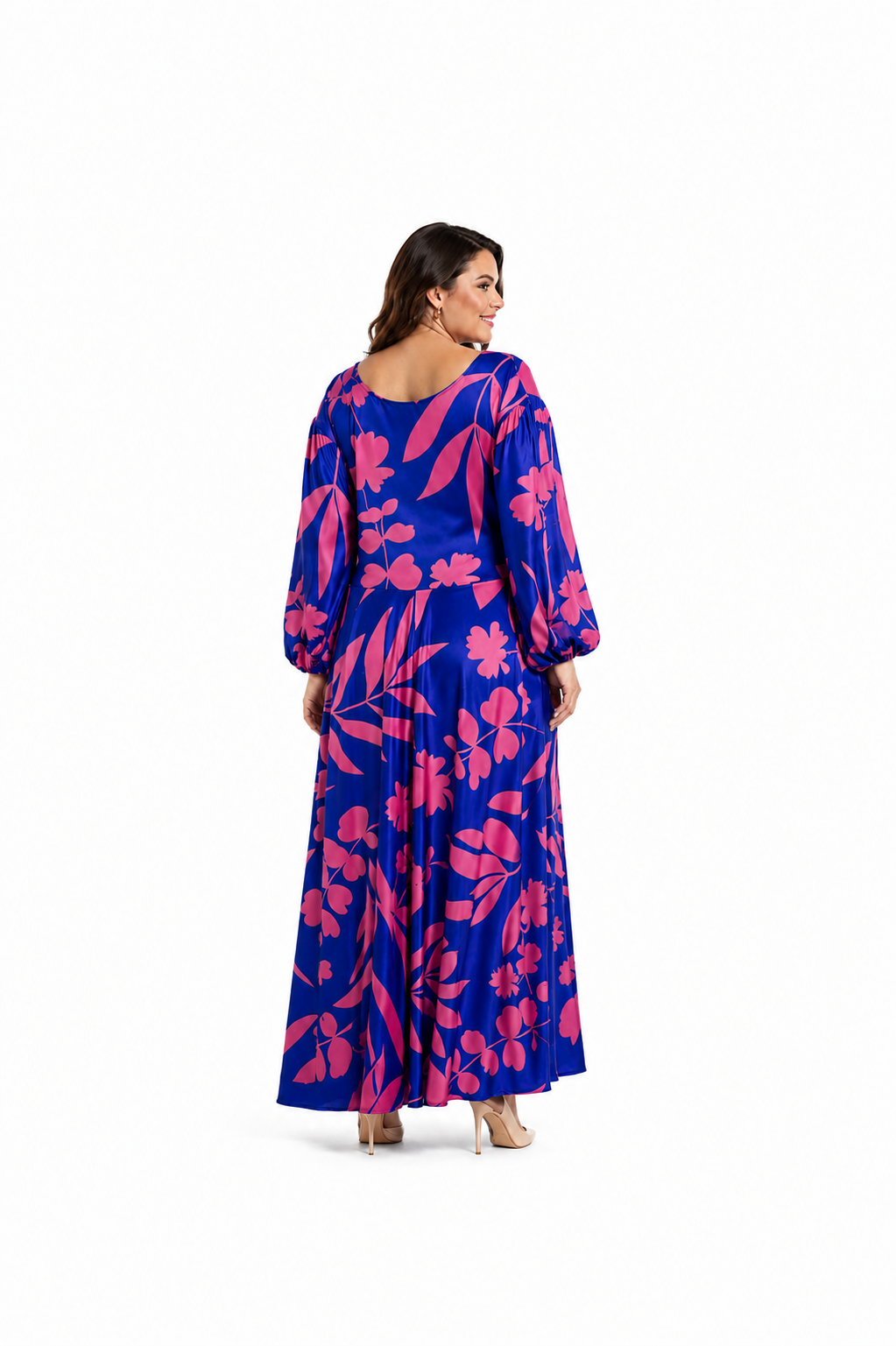Arriendo de Vestido largo floreado azul con fucsia y tajo en la pierna-manga larga de lycra