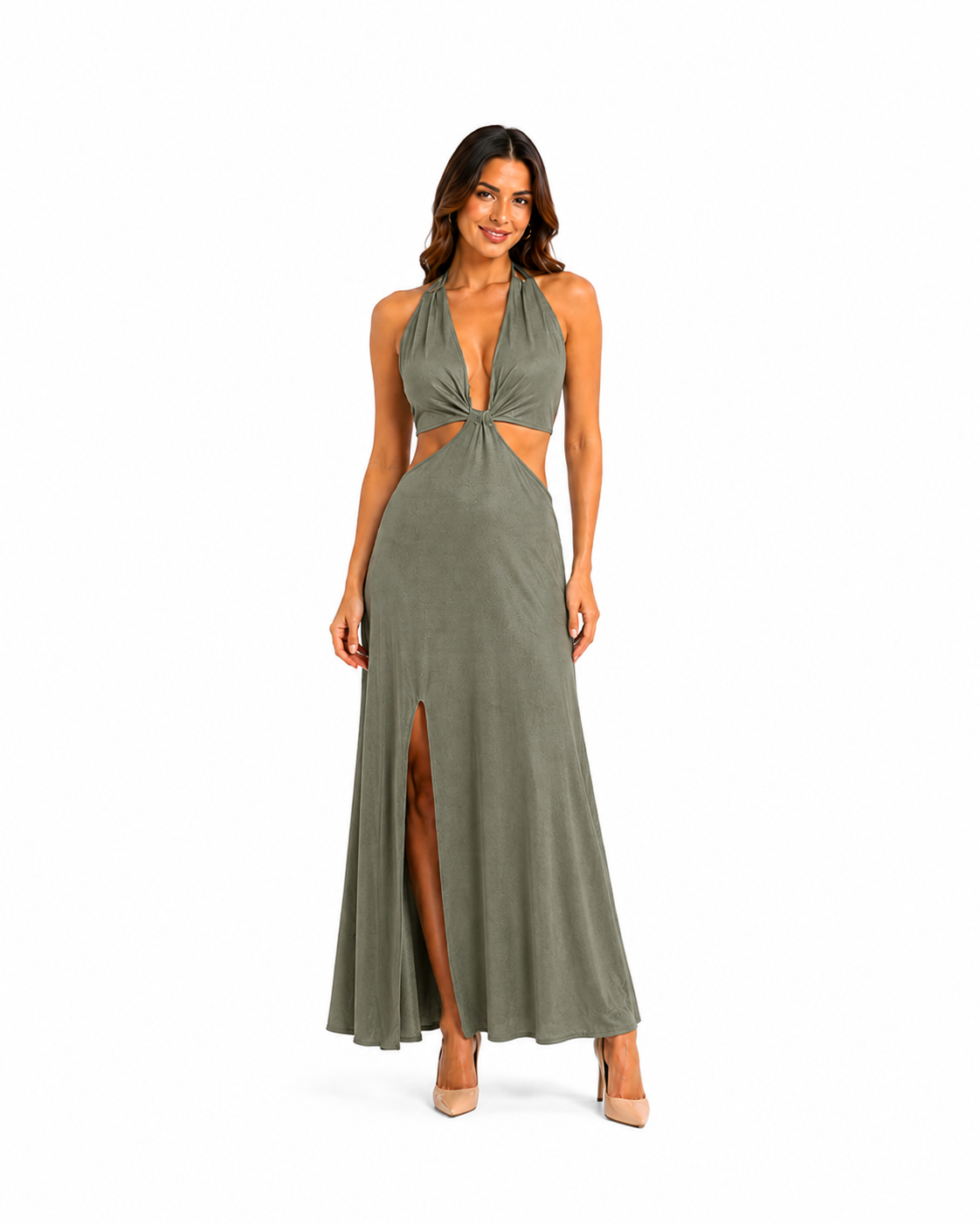 Arriendo de vestido largo verde militar cut out y amarre en cuello