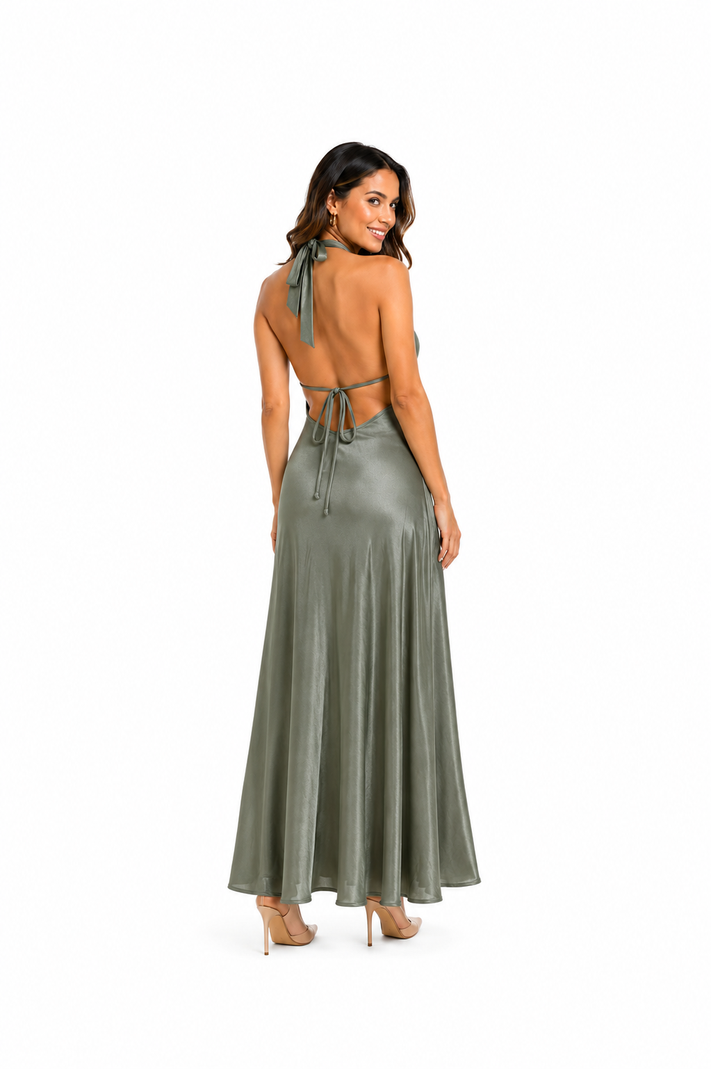 Arriendo de vestido largo verde militar cut out y amarre en cuello