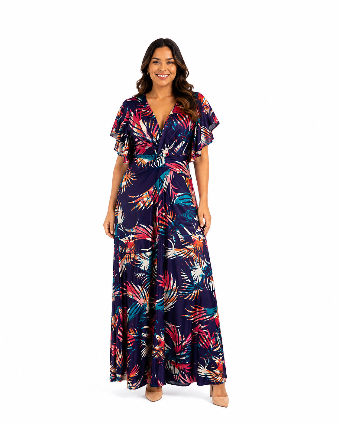 Arriendo de Vestido largo morado de lycra estampado de hojas de colores con manguitas escote en V