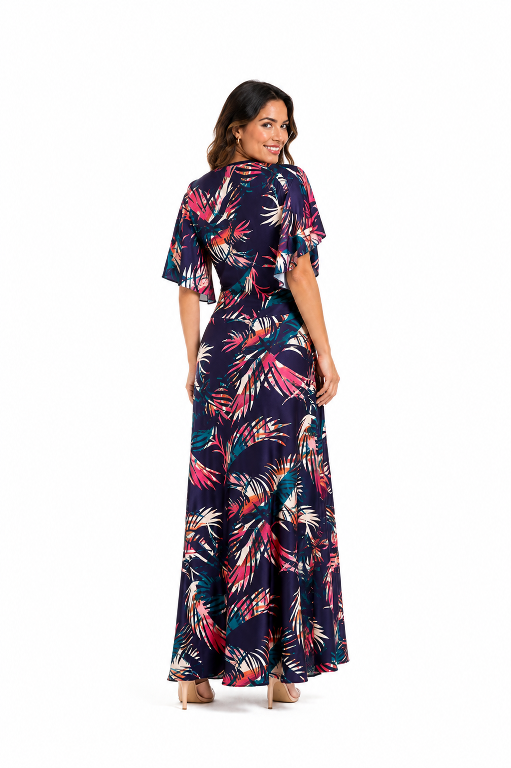 Arriendo de Vestido largo morado de lycra estampado de hojas de colores con manguitas escote en V