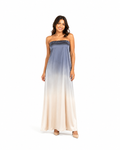 Arriendo de Vestido largo strapless seda natural teñido a mano degrade azul con café con leche