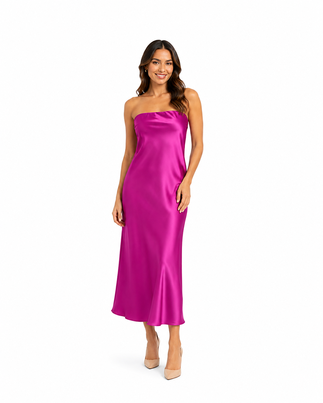 Arriendo vestido largo fucsia strapless middie amarre atras