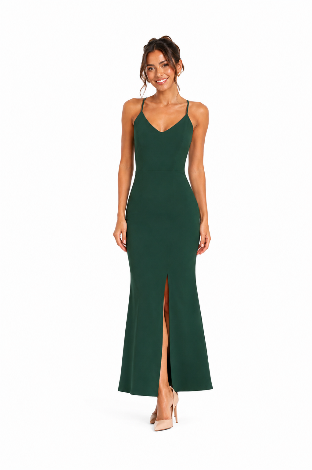 Arriendo de vestido verde escote V y tajo largo