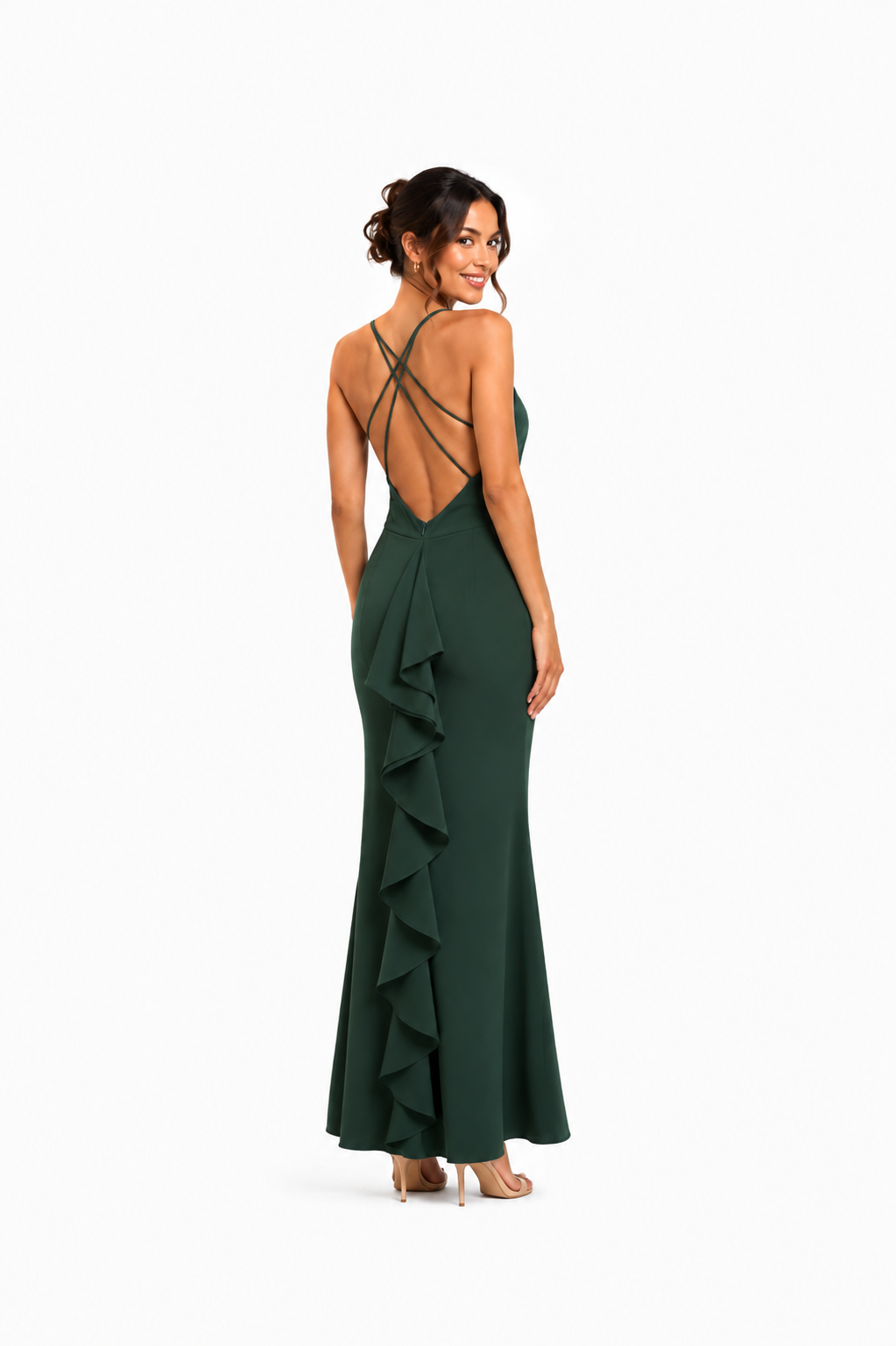 Arriendo de vestido verde escote V y tajo largo