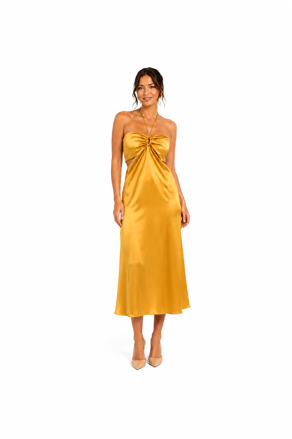 Arriendo de Vestido largo dorado amarre cuello