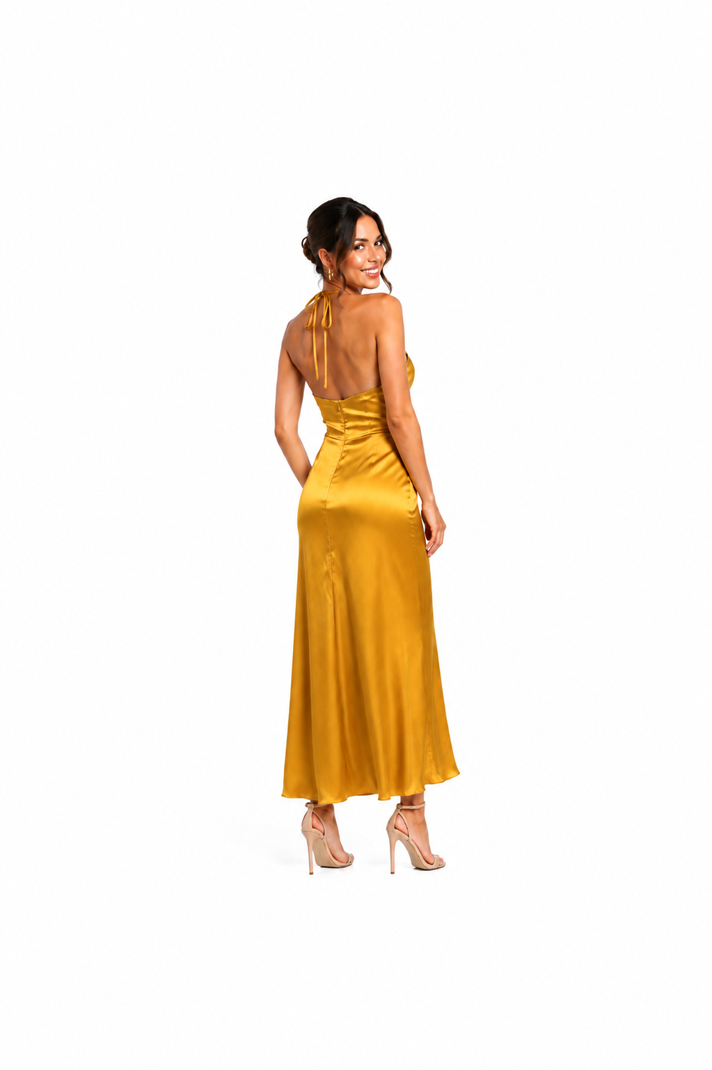 Arriendo de Vestido largo dorado amarre cuello
