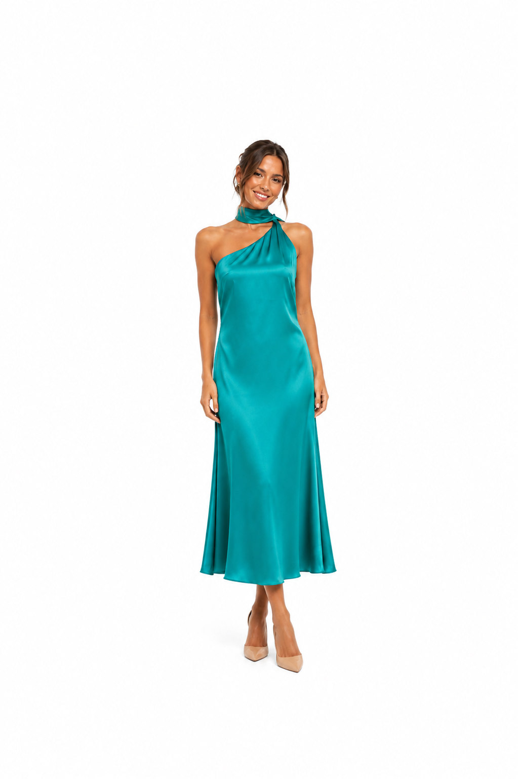 Arriendo de vestido celeste con amarre skoker en cuello asimetrico largo