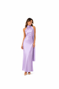 Vestido largo lycra lila con tira al cuello elasticado
