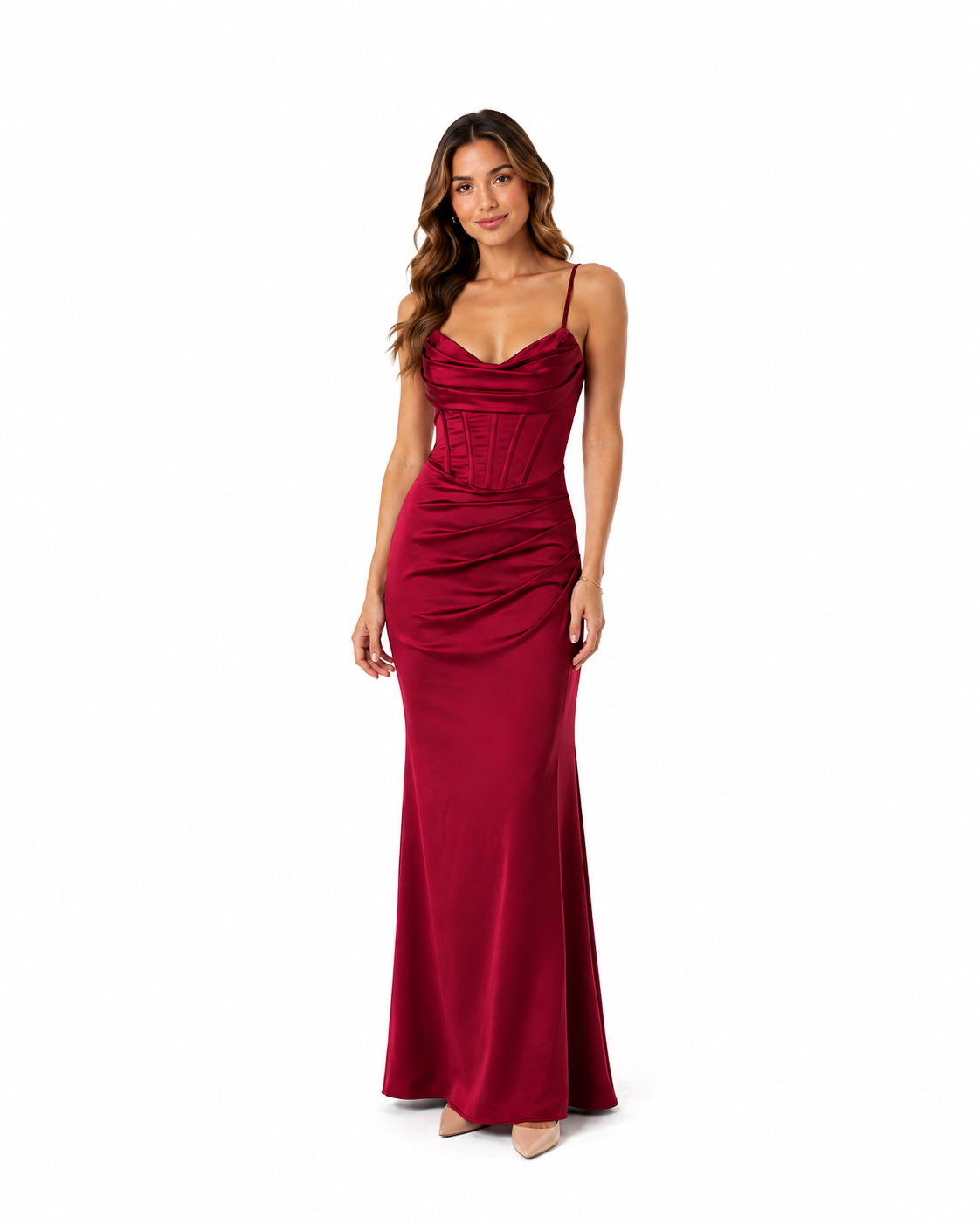 Arriendo de vestido largo burdeo corset