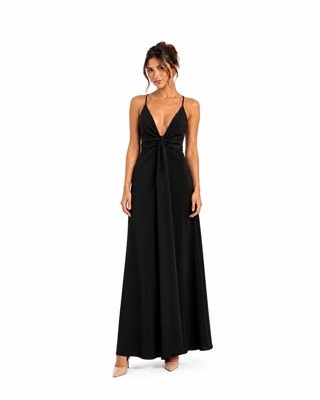 Arriendo de Vestido negro largo con nudo en el escote, cuello en v, tajo en la pierna, marca loreto fuenzalida p