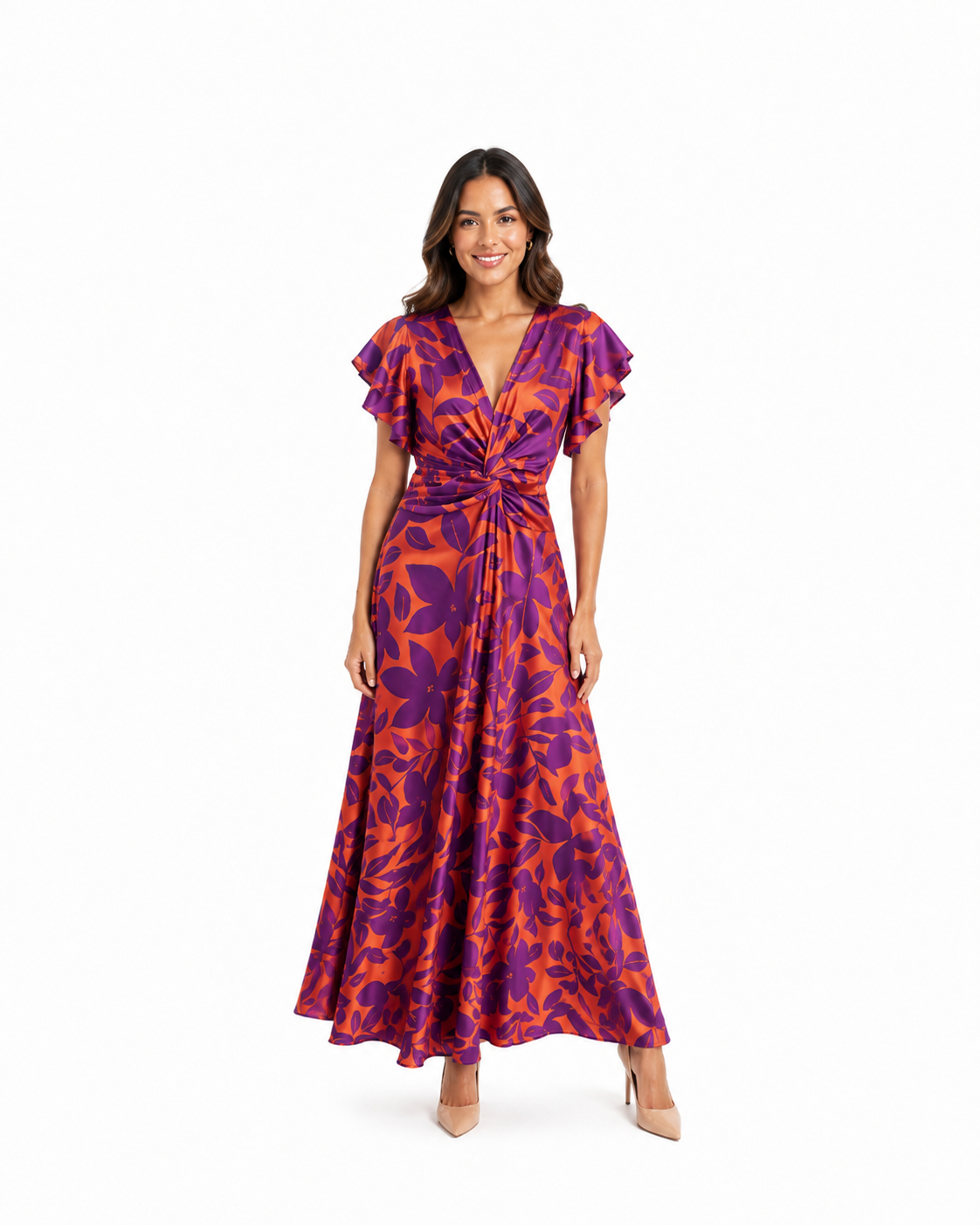 Arriendo de Vestido largo floreado y con hojas naranjo y morado, con mangas cortas