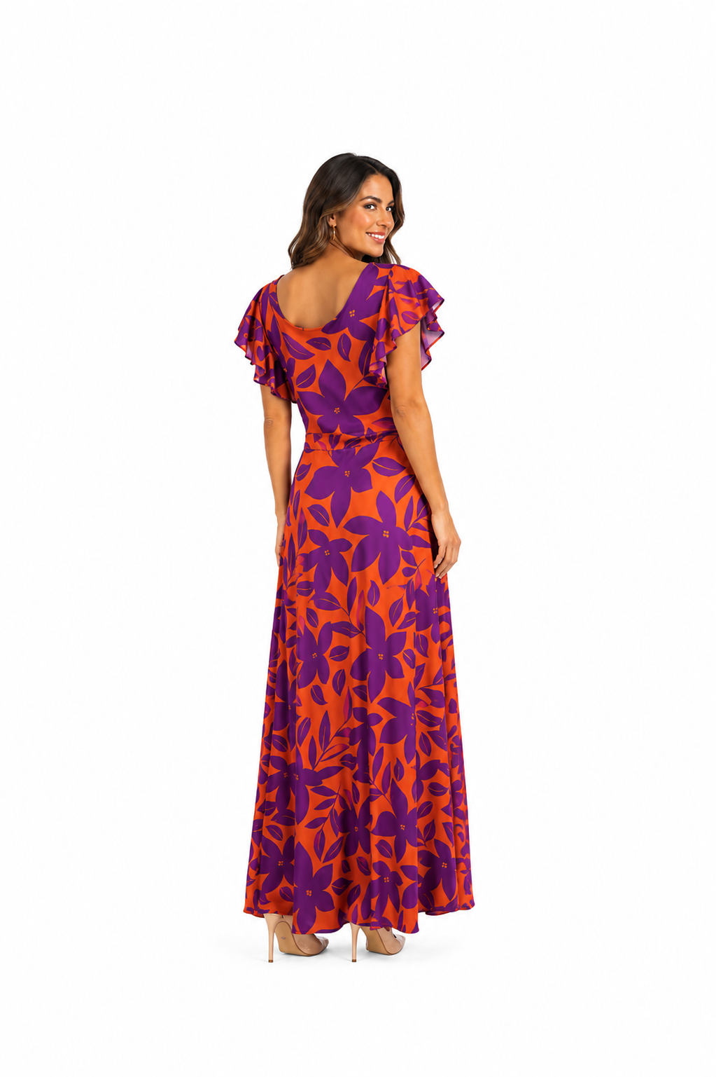 Arriendo de Vestido largo floreado y con hojas naranjo y morado, con mangas cortas