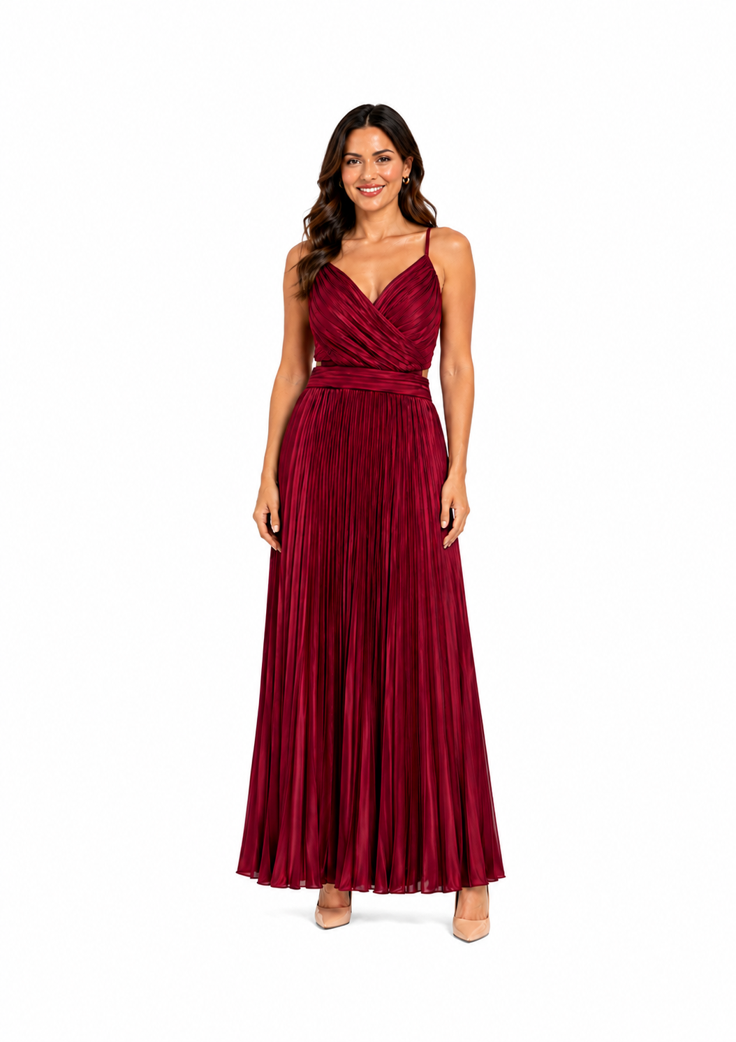 Arriendo de Vestido burdeo plisado largo marca minuet