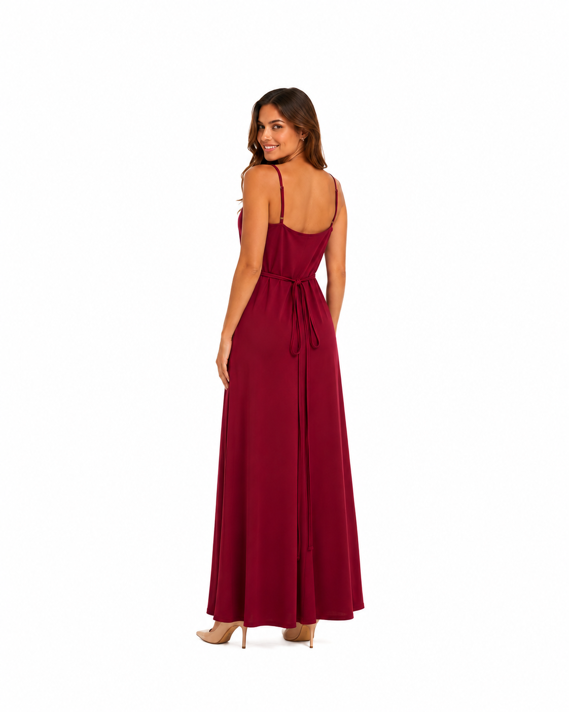 Arriendo de Vestido burdeo largo marca rarabaris con vuelos y cruzado adelante