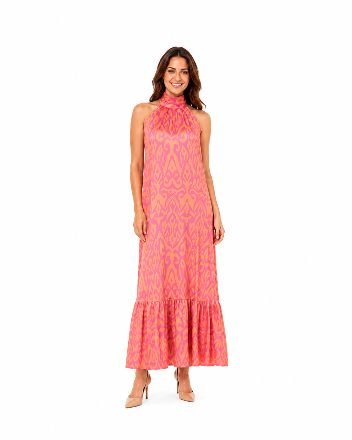 Arriendo de Vestido largo satín rosado con naranjo cuello halter Sazalaxa
