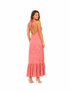 Arriendo de Vestido largo satín rosado con naranjo cuello halter Sazalaxa