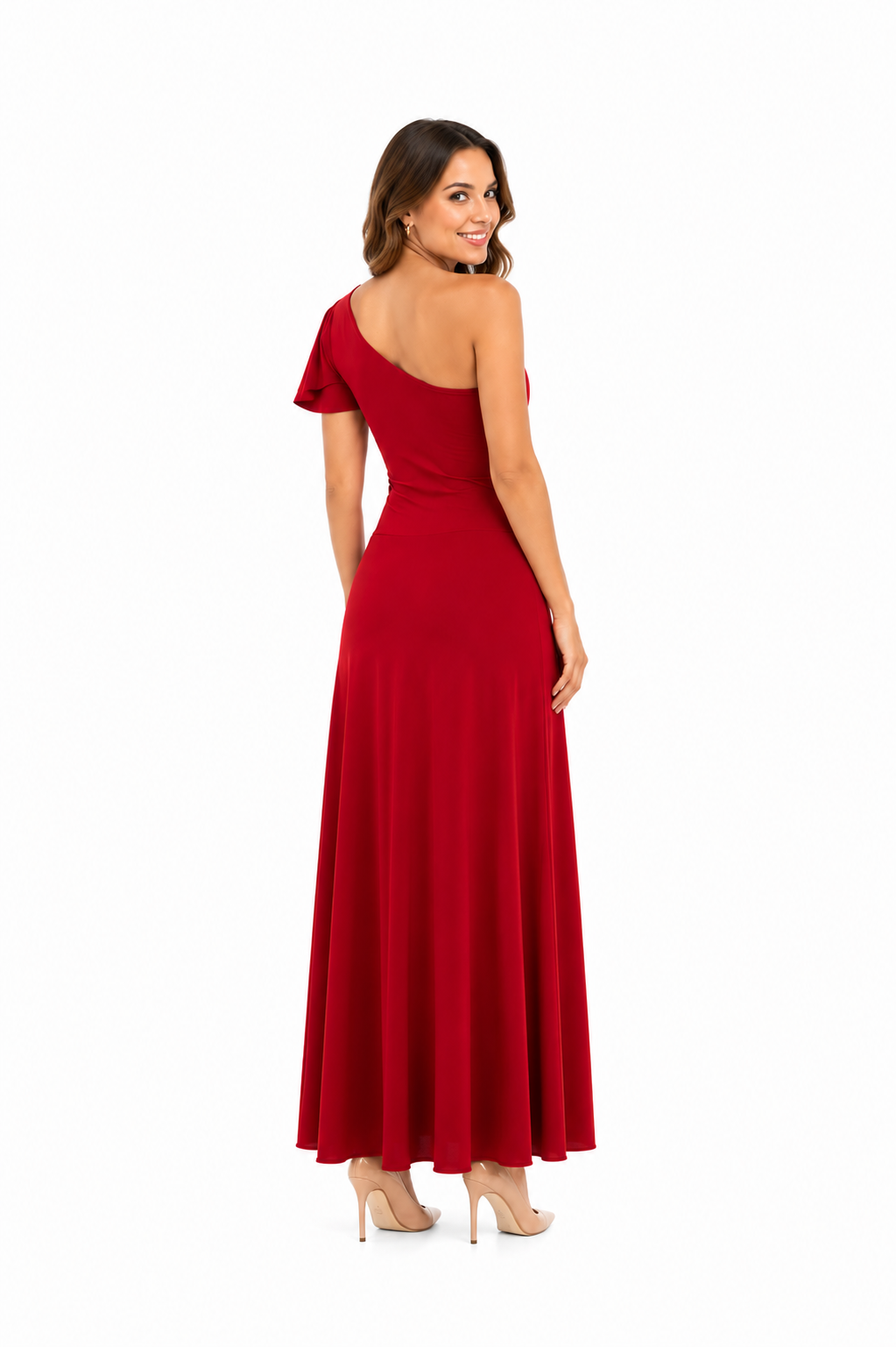 Arriendo de Vestido largo lycra rojo italiano con un hombro