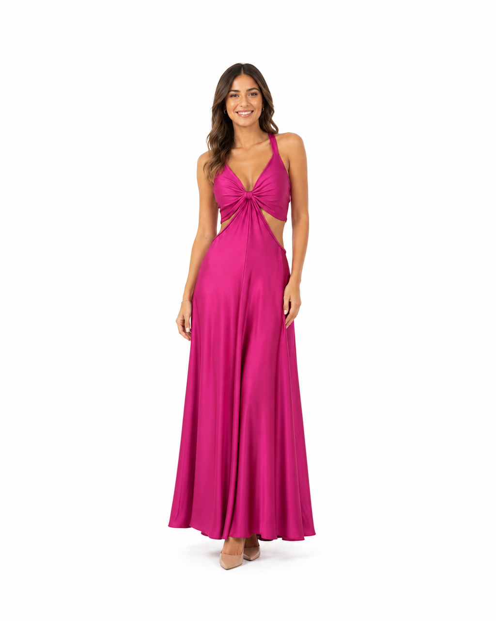 Arriendo de 	Vestido largo marca makia tori fucsia con tajo adelante y cut out