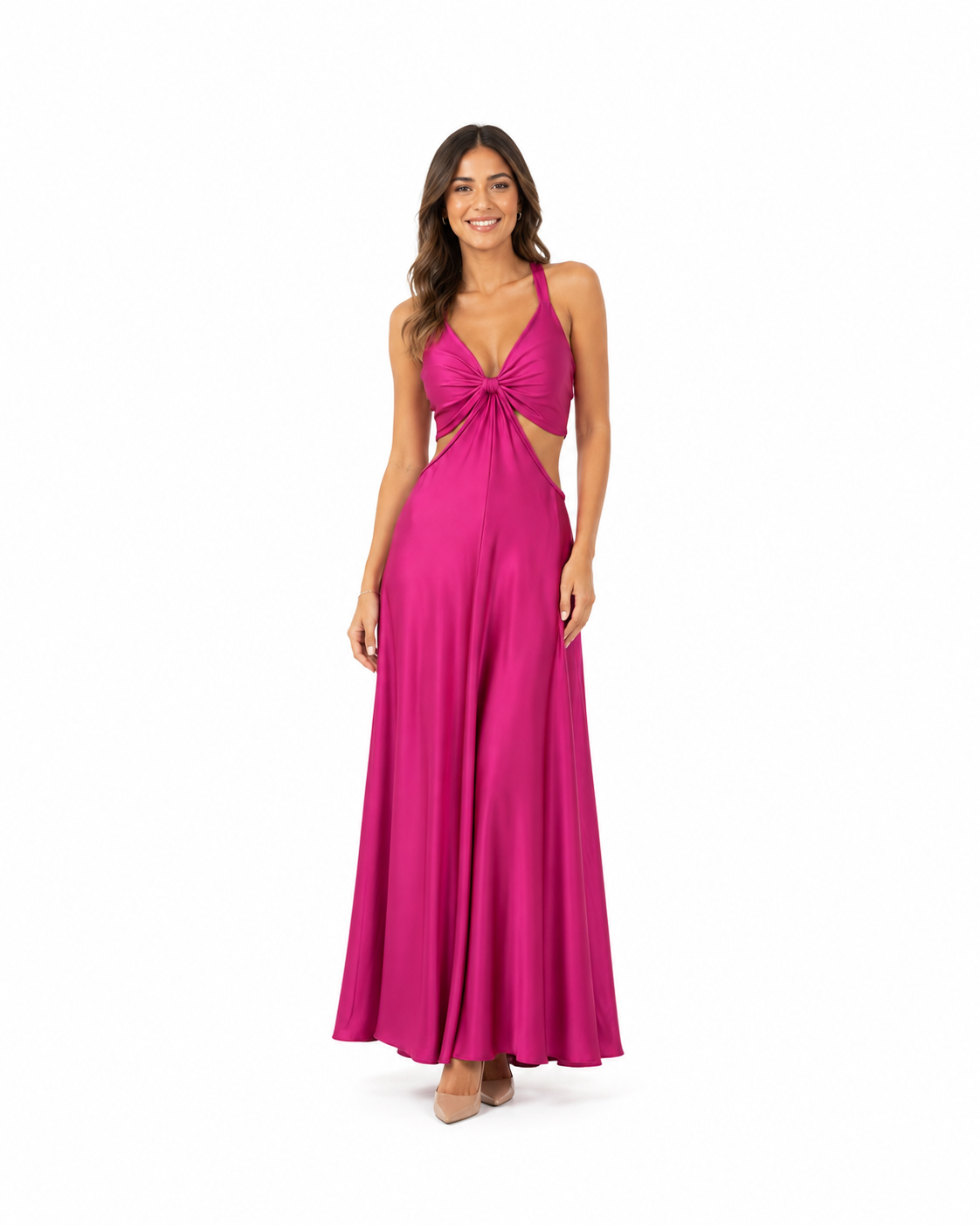 Arriendo de 	Vestido largo marca makia tori fucsia con tajo adelante y cut out