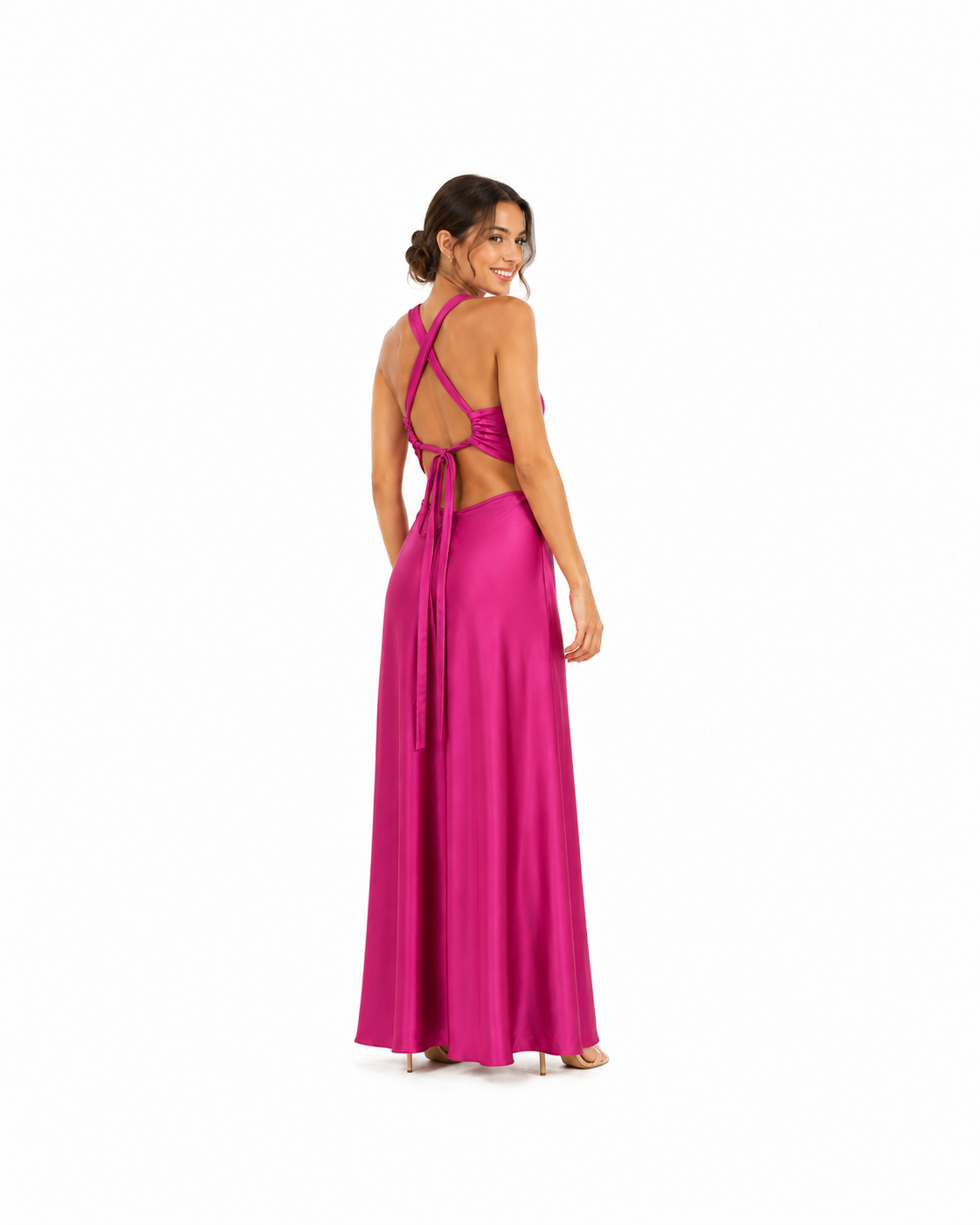 Arriendo de 	Vestido largo marca makia tori fucsia con tajo adelante y cut out