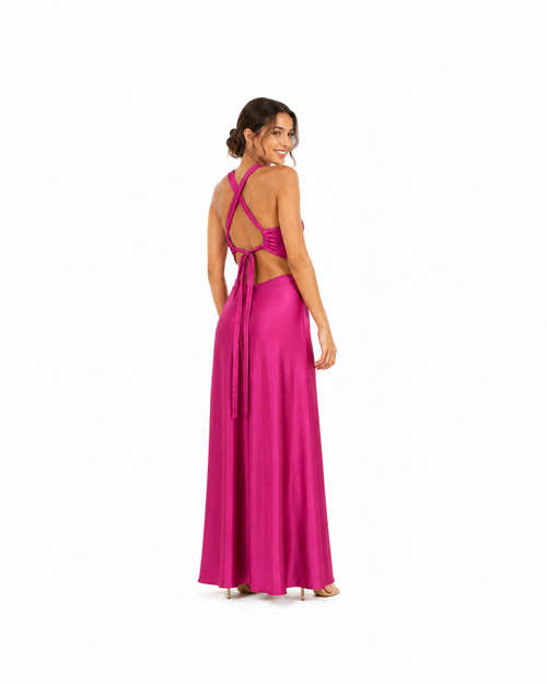 Arriendo de 	Vestido largo marca makia tori fucsia con tajo adelante y cut out