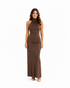 Arriendo de Vestido café largo cuello halter espalda abierta