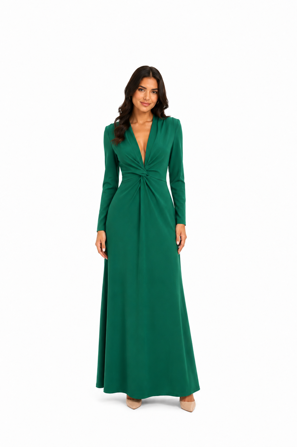 Arriendo de vestido verde largo con tajo y mangas Lady Pipa España