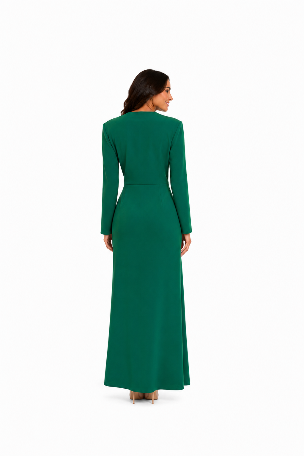 Arriendo de vestido verde largo con tajo y mangas Lady Pipa España