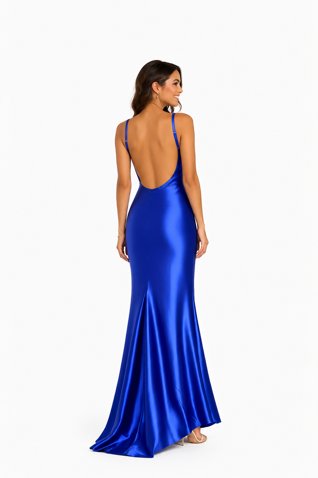 Arriendo de Vestido largo azul eléctrico claro con escote en V espalda descubierta