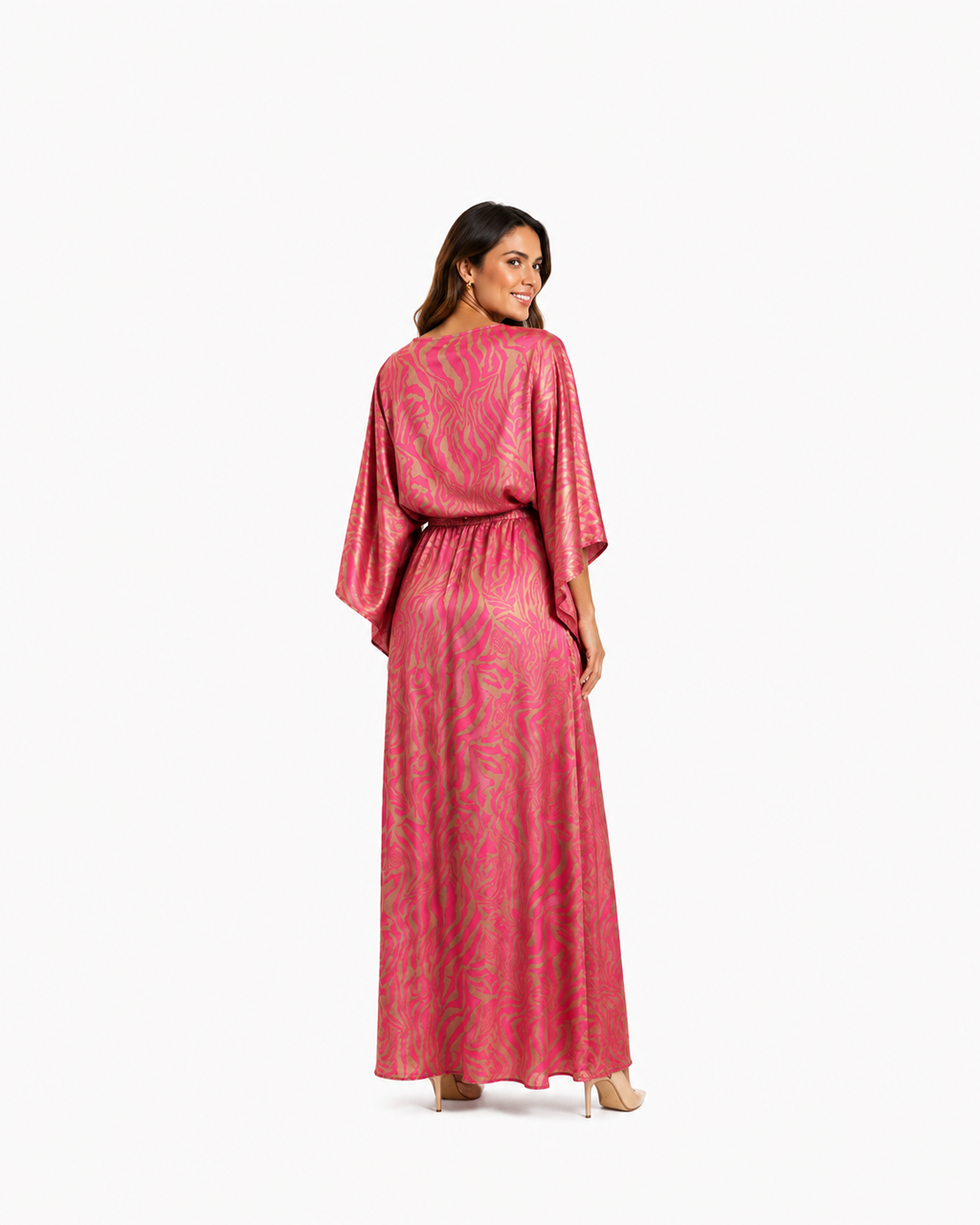 Arriendo de Vestido largo marca tyche  estampado fucsia y café claro con mangas anchas, elastico en cintura, y tajo al medio