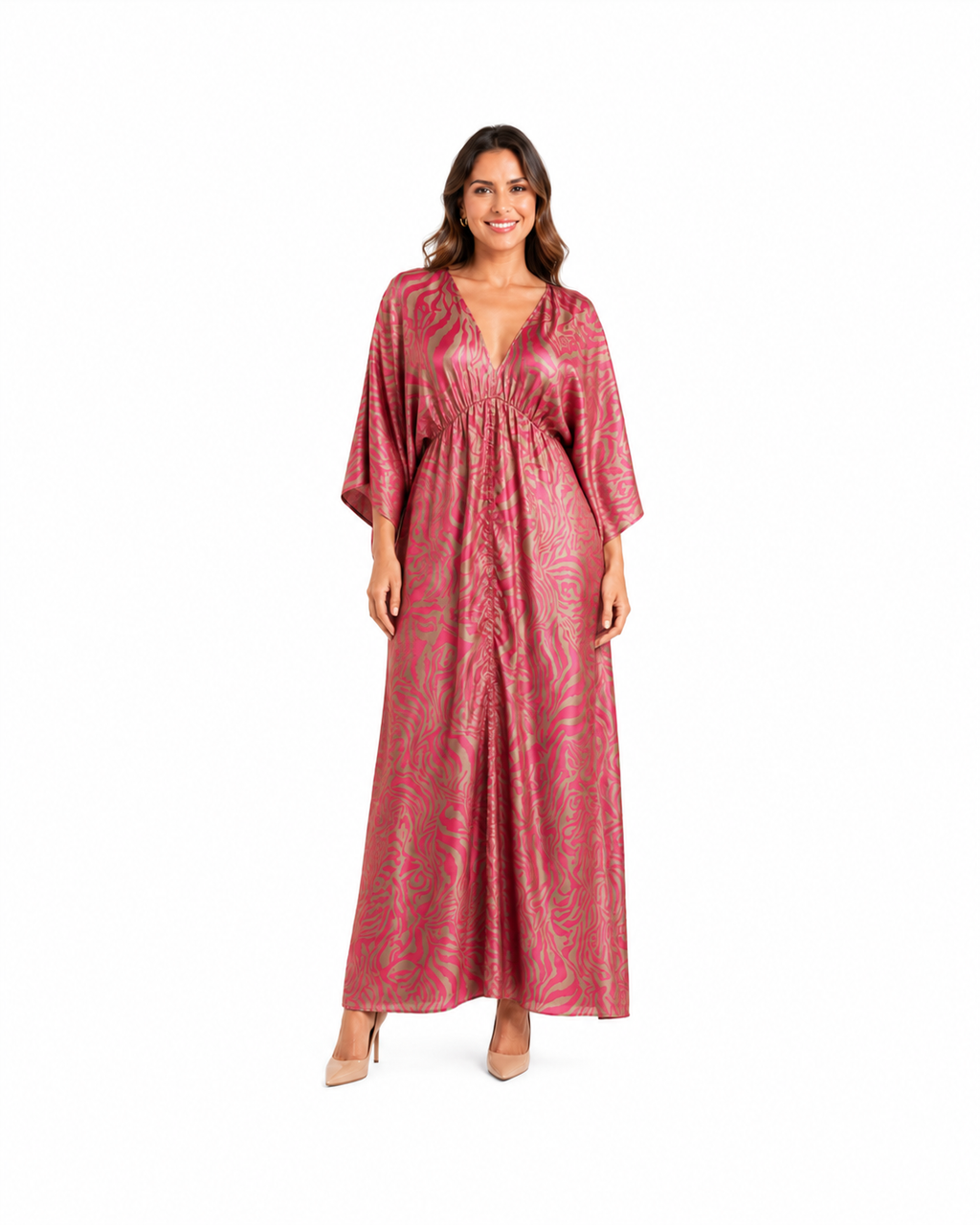 Arriendo de Vestido largo marca tyche  estampado fucsia y café claro con mangas anchas, elastico en cintura, y tajo al medio