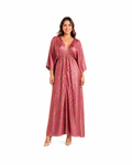 Arriendo de Vestido largo marca tyche  estampado fucsia y café claro con mangas anchas, elastico en cintura, y tajo al medio