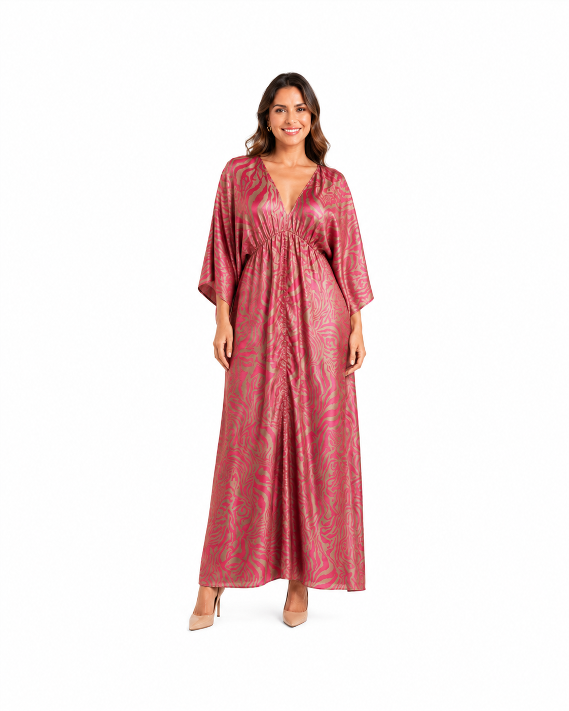 Arriendo de Vestido largo marca tyche  estampado fucsia y café claro con mangas anchas, elastico en cintura, y tajo al medio