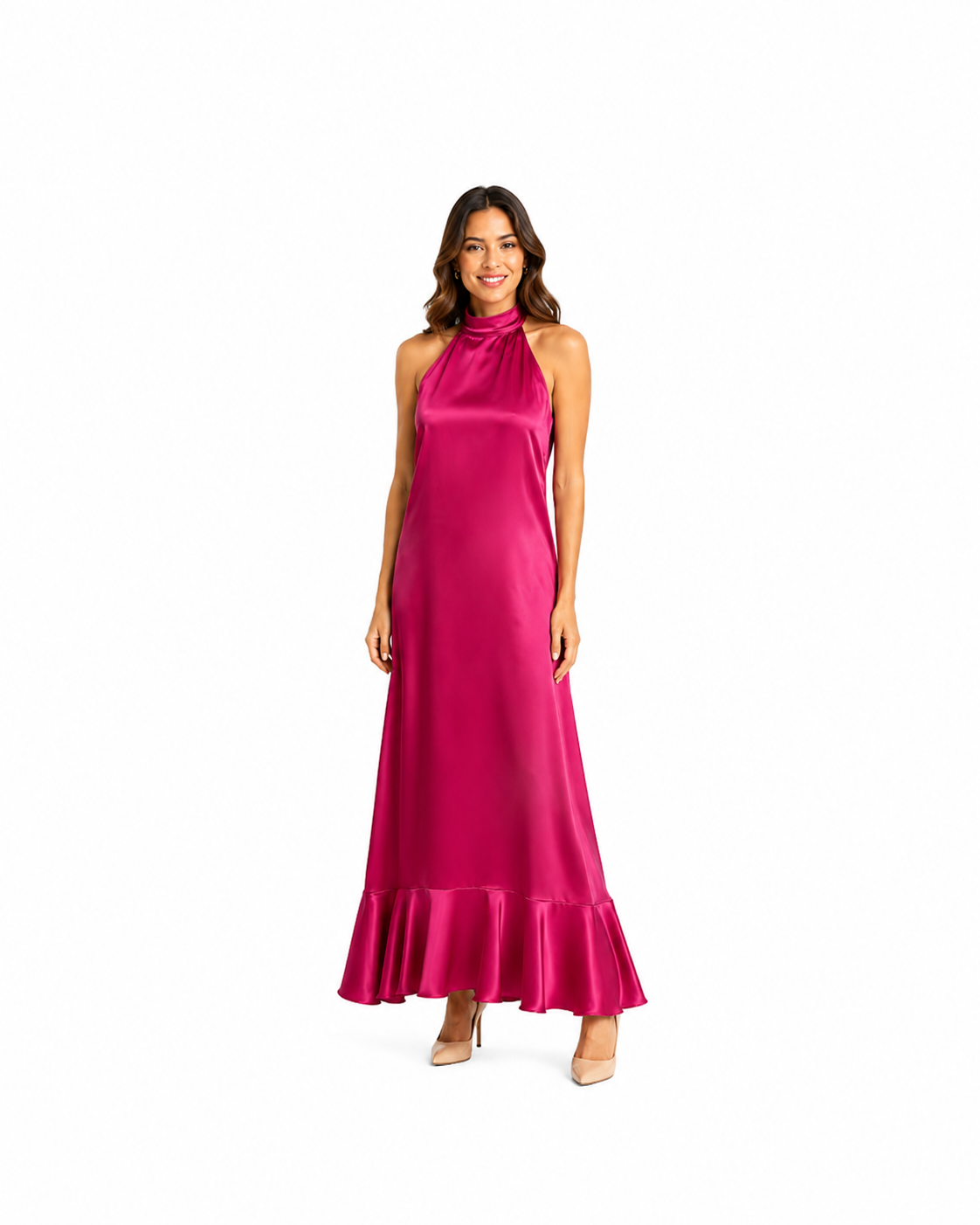 Arriendo de Vestido largo de seda fucsia cuello halter con vuelos abajo y elastizado en espalda