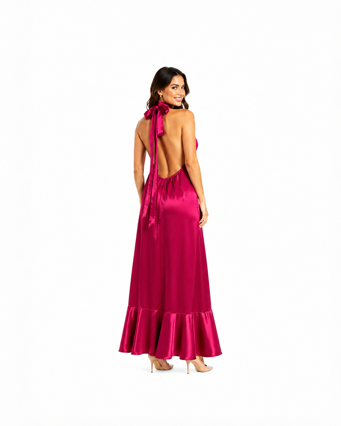 Arriendo de Vestido largo de seda fucsia cuello halter con vuelos abajo y elastizado en espalda