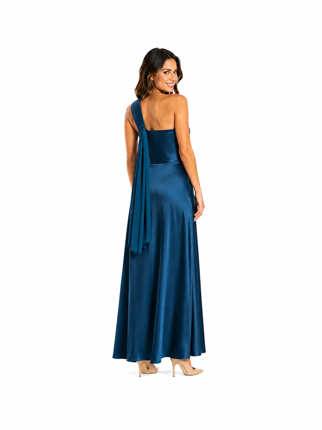 Arriendo de vestido largo petroleo strapless con gasa